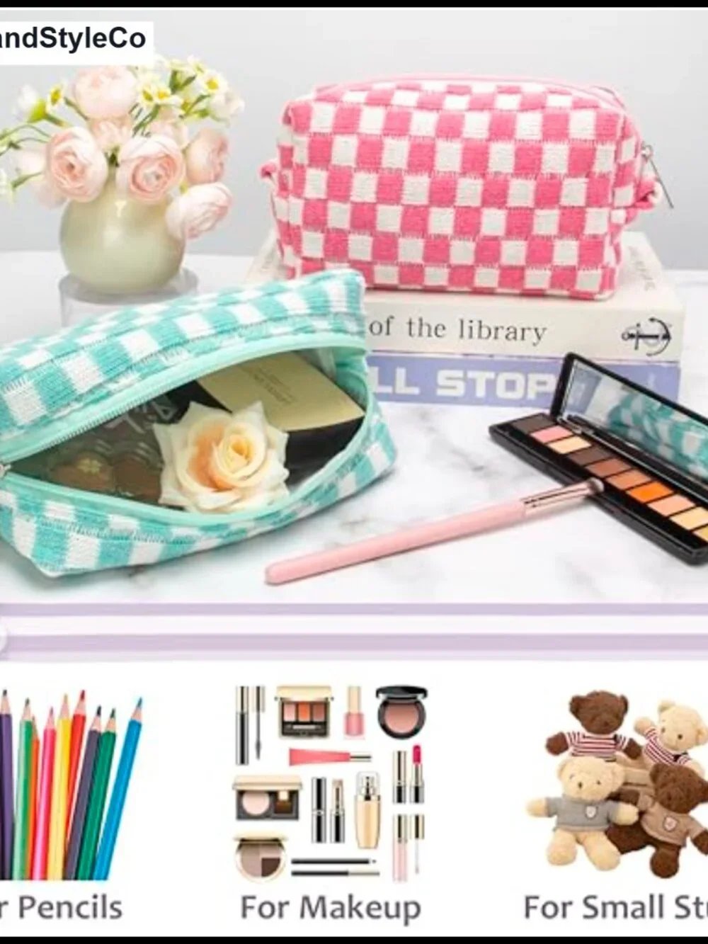 Knit Checkered Makeup Pouch for Purse, Travel Cosmetic Bag, Zippered Organizer